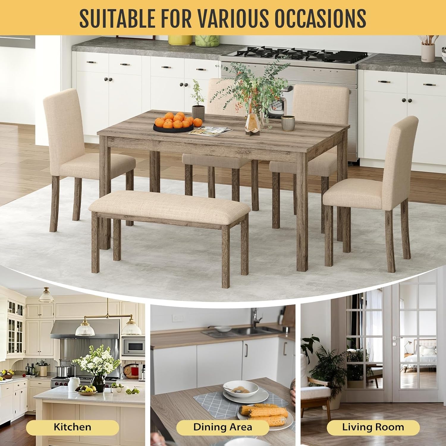 6-Piece Solid Wood Dining Table Set, Including 1 Dining Table, 4 Upholstered Chairs and 1 Bench, Wooden Legs Dining Table Set for Dining Room, Kitchen, Restaurant, Brown