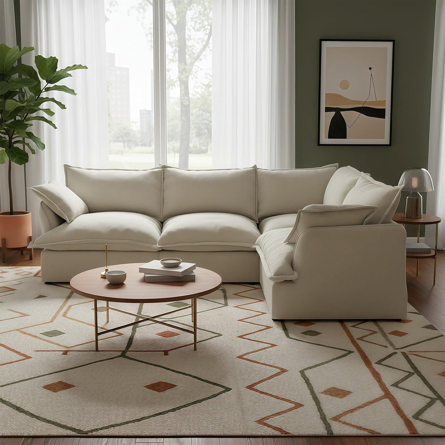 Cloud Sectional Sofa,4-Seater Deep Seat Modular Couch,Down Filled Convertible Living Room Sets Sofa,Corner Sofa Covers Washable & Replaceable,Cream White