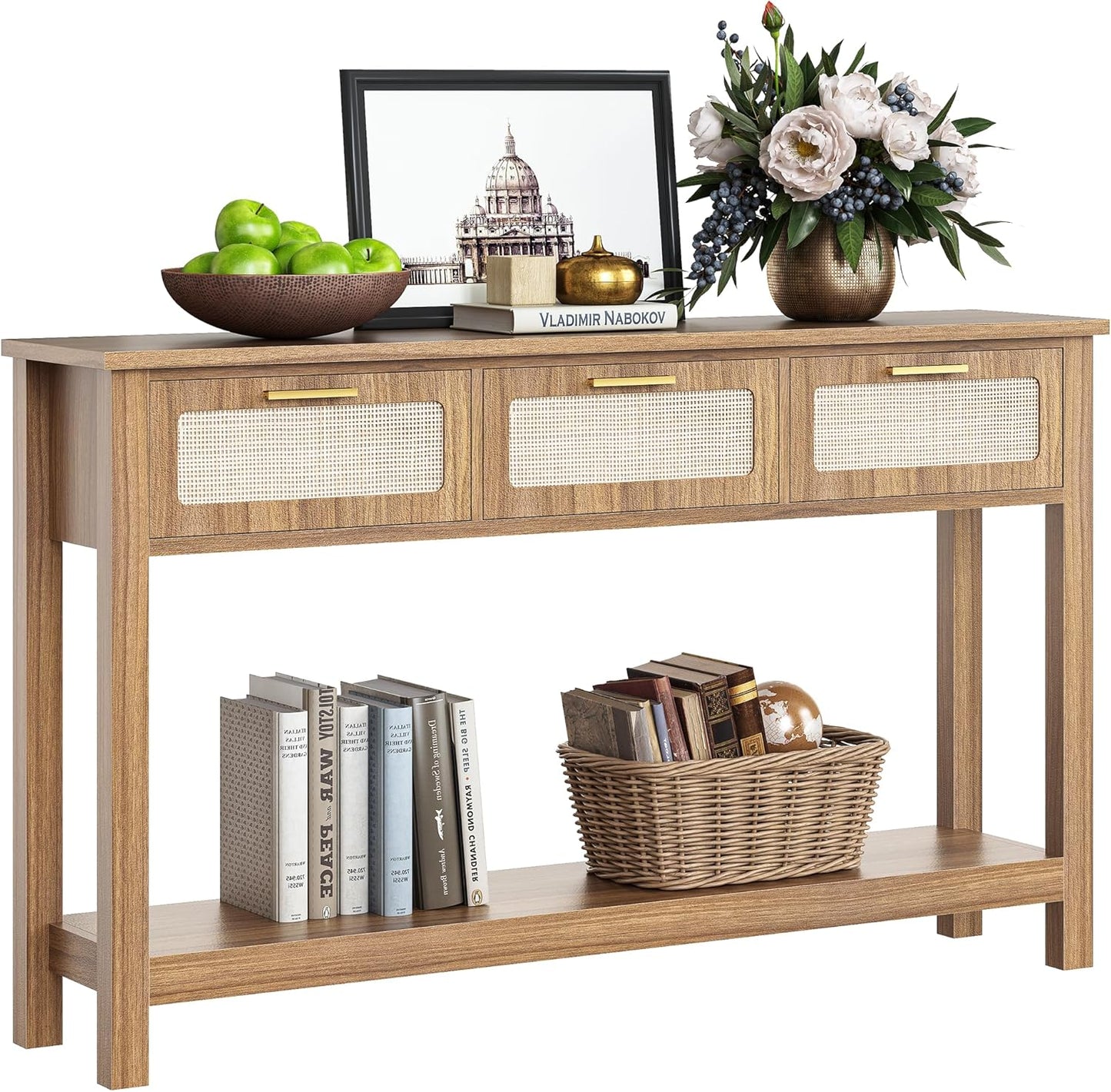 51.2" Entryway Table with 3 Rattan Drawers, Boho Console Table Narrow with Storage, Long Sofa Table for behind Couch Entry Hallway, Entrance, Living Room, Oak Brown