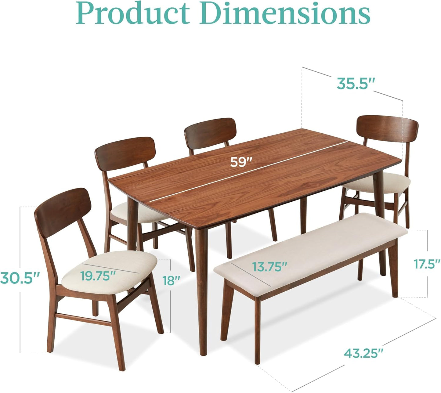 6-Piece Wooden Dining Set, Mid-Century Modern Table & Upholstered Chair Set W/Bench Seat, Rubberwood Legs - Walnut/Cream