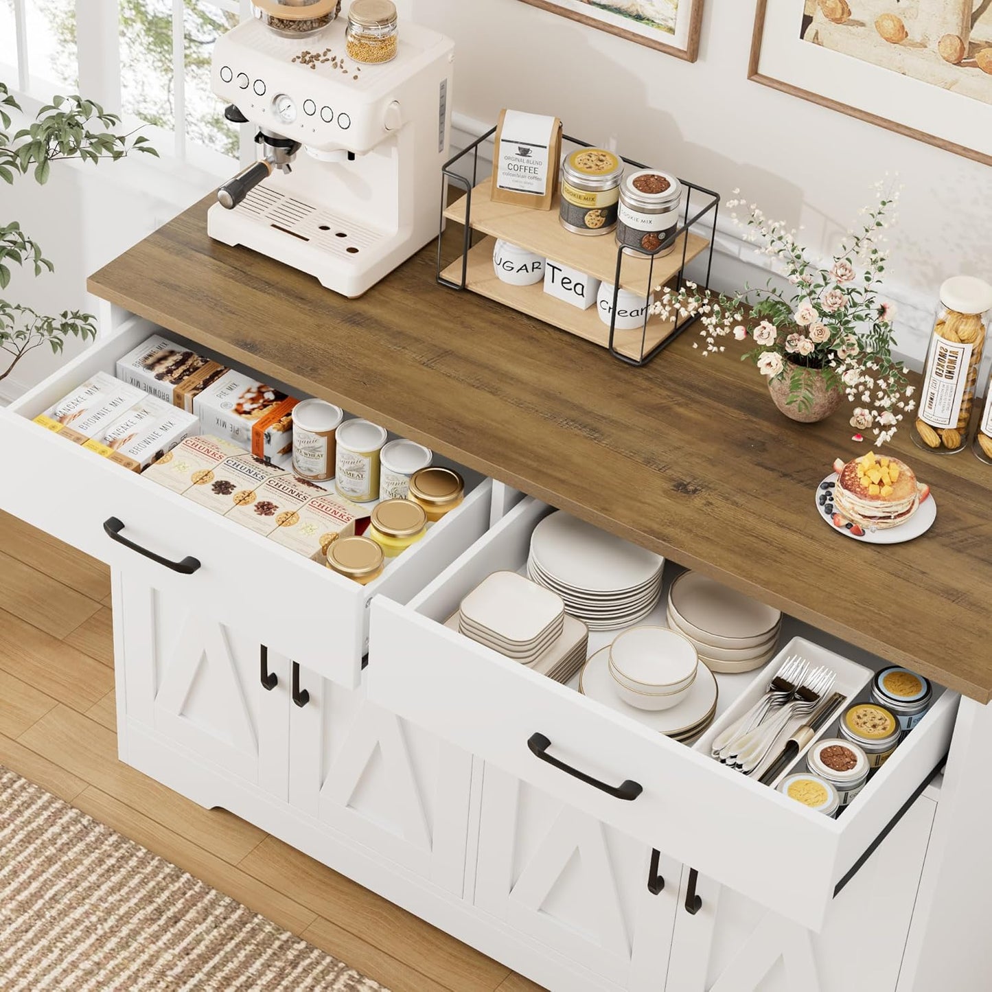 Buffet Cabinet with Storage, 47.2" Kitchen Sideboard Buffet with Drawers, Modern Farmhouse Coffee Bar Station with Shelves, Barn Doors Storage Cabinet for Living Room, White/Rustic Brown