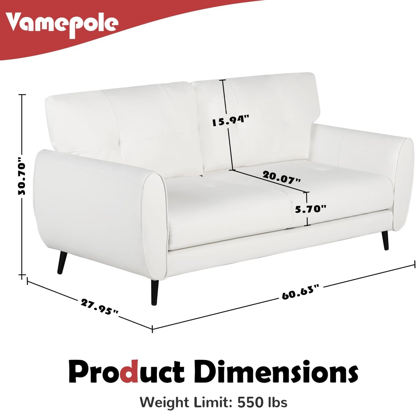 60" Mid-Century Modern White Faux Leather Loveseat, 2-Seater, 27.95" W X 30.7" H, Comfortable Office Sofa for Small Spaces, Bedroom, Apartment