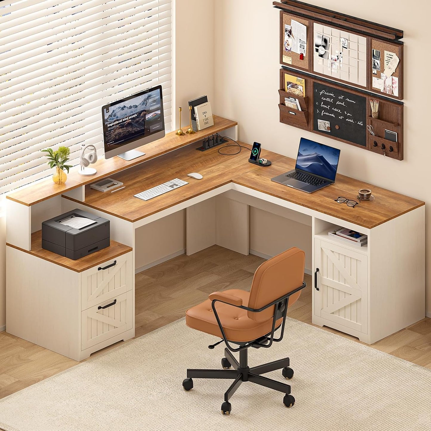 63" Farmhouse L Shaped Executive Desk with Drawers & Storage Shelf, Corner Computer Desk with Power Outlets, L Shaped Office Desk with Monitor Stand, Printer Shelf, Antique White
