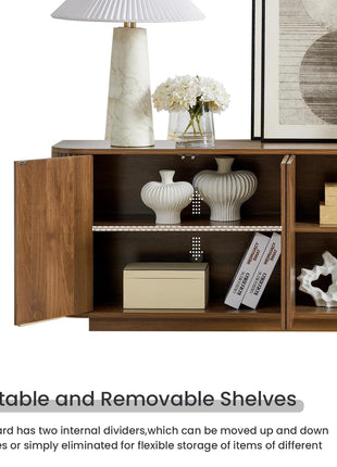 64" Wooden Fluted Sideboard Buffet Cabinet with Adjustable Shelves, Walnut Finish, Ideal for Kitchen and Living Room Storage