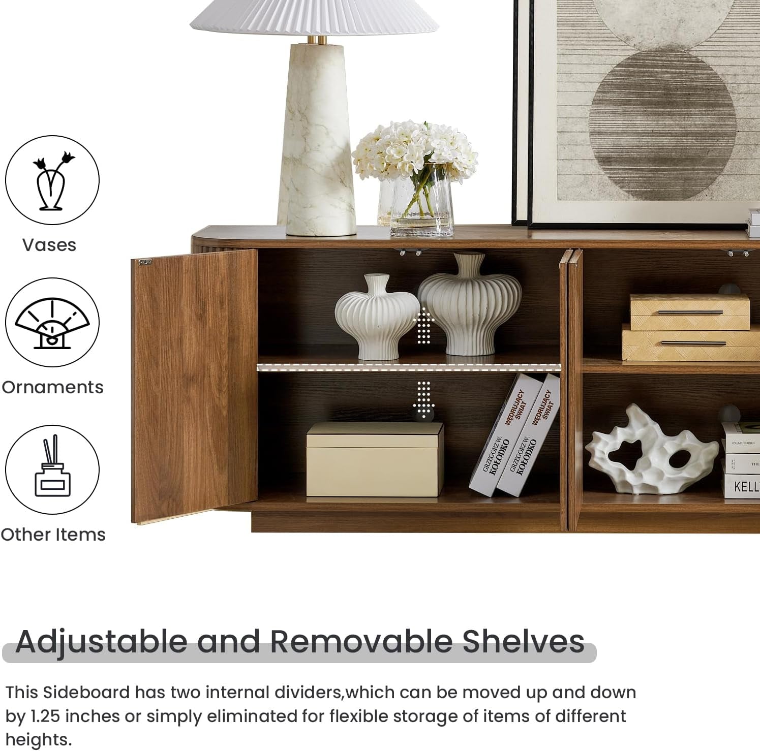 64" Sideboard Buffet Cabinet with Storage, Wooden Fluted Storage Cabinet Sideboard Credenza with Adjustable Shelves Pressed Spring for Kitchen Living Room (Walnut)