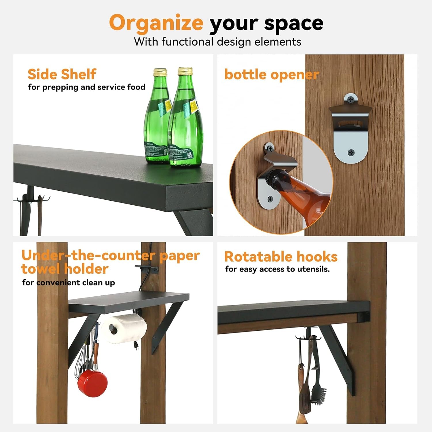 Modern Shade Grill Gazebo 6' X 8', Cedar Wood Gazebo with Shelves and Paper Towel Holder, Patio Pavilion with Galvanized Steel Roof, USB and USB-C Charging Ports for Patio Backyard