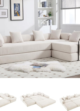 Luxurious Oversized Modern Corduroy L-Shaped Sleeper Sofa with Storage and Pillows in Beige and White