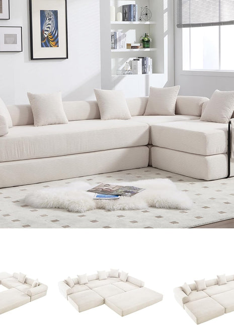 Luxurious Oversized Modern Corduroy L-Shaped Sleeper Sofa with Storage and Pillows in Beige and White