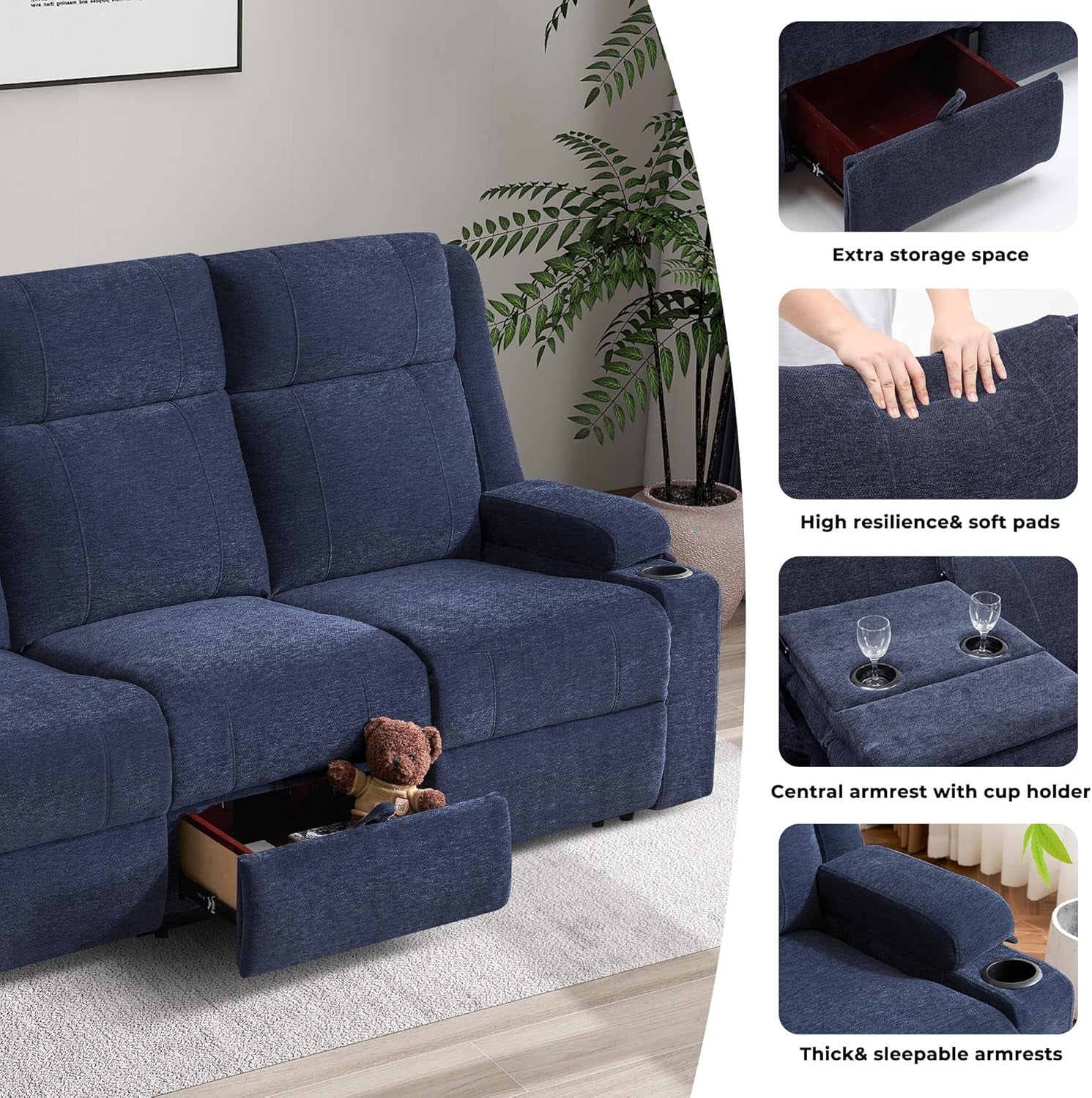 Large Manual Reclining Sofa 3-Seater Chenille Recliner Couch with Cup Holders, Wide Seat, Easy Assembly & Spill-Resistant Fabric Cozy Reclining Sofa for Living Room, Apartment, RV, Blue