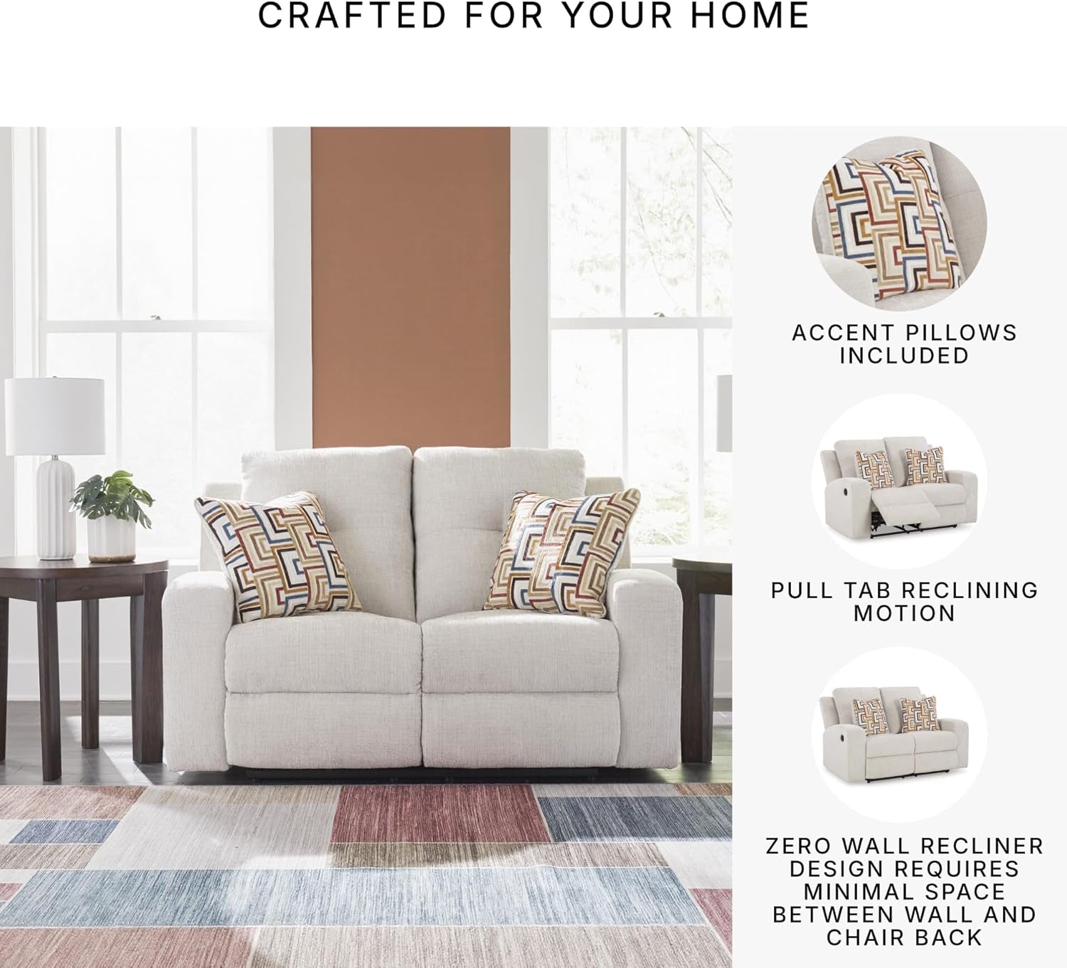 Danum Modern Tufted Manual Reclining Loveseat with 2 Accent Pillows, Beige