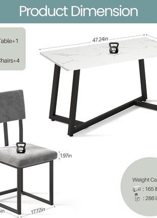5-Piece Contemporary Minimalist Dining Set Featuring 47.24'' Faux Marble Table and Upholstered Chairs for Compact Living Spaces (Charcoal Velvet)