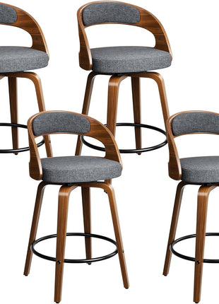 Set of 4 Mid-Century Modern 26" Upholstered Linen Fabric Swivel Bar Stools with Bentwood Legs and Back for Kitchen Island and Dining Room, Grey