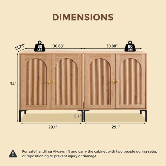 Modern Buffet Cabinet with Storage, 61.75" W Fluted Arched Sideboard Cabinet W/Adjustable Shelves, Wooden Modular Coffee Bar for Dining Room, Kitchen, Living Room, Entryway, Natural