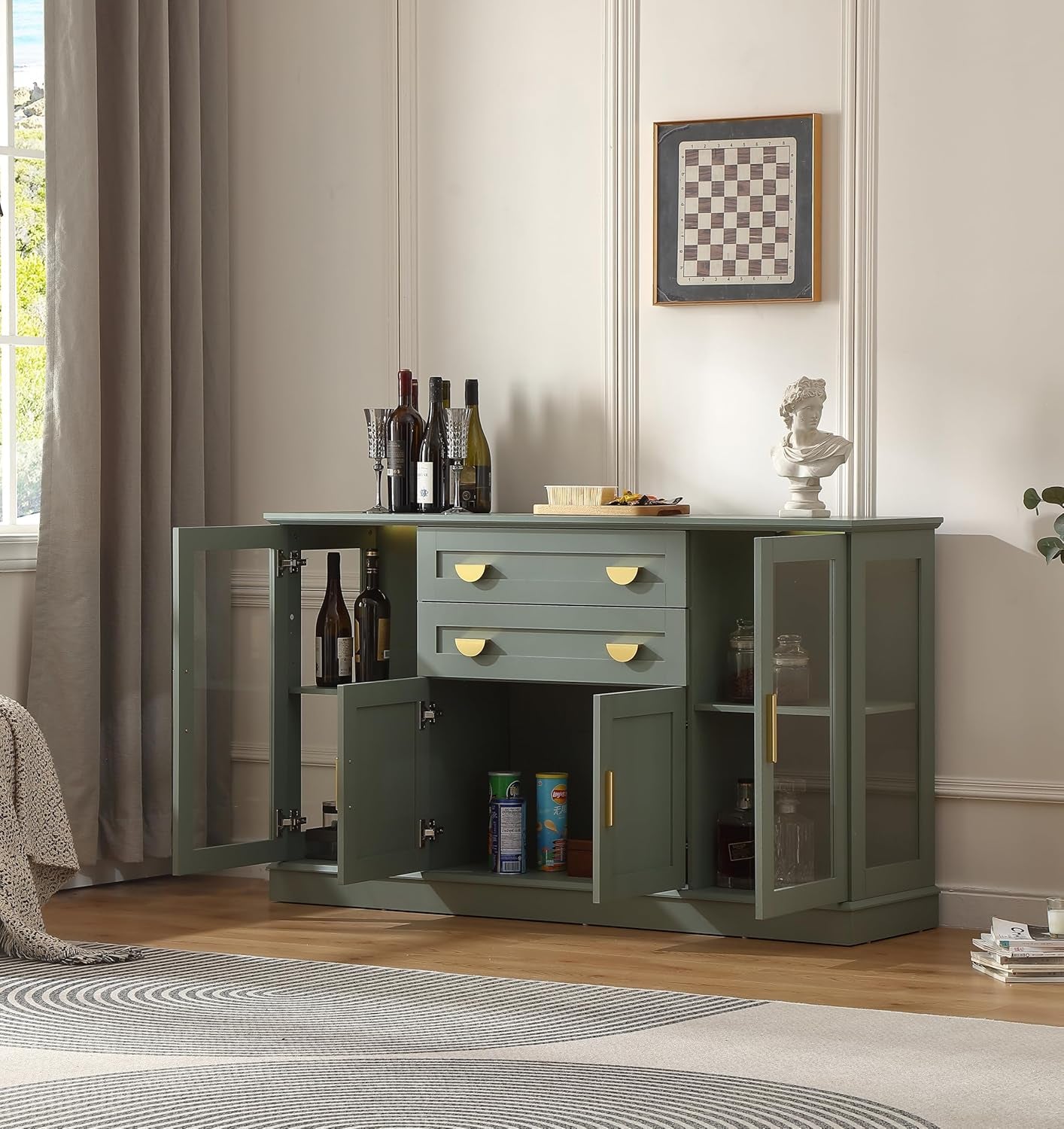 58.27'' Buffet Cabinet with 2 Drawers and Adjustable Shelves,Large Glass Door Coffee Bar Cabinet,Modern Farmhouse Sideboard Credenza for Kitchen,Green
