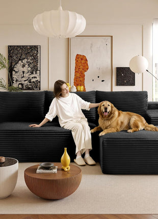 96-Inch Modern L-Shape Sectional Sofa with Chaise - Upholstered Boneless Couch for Living Room (Black, Right-Facing Chaise, 2 Seaters)