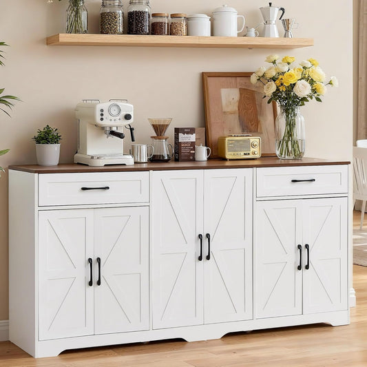 66" Buffet Sideboard Cabinet, Farmhouse Kitchen Buffet with Storage, Wood Coffee Bar Station with Adjustable Shelves and Drawers, Sideboard Credenza for Kitchen, Entryway