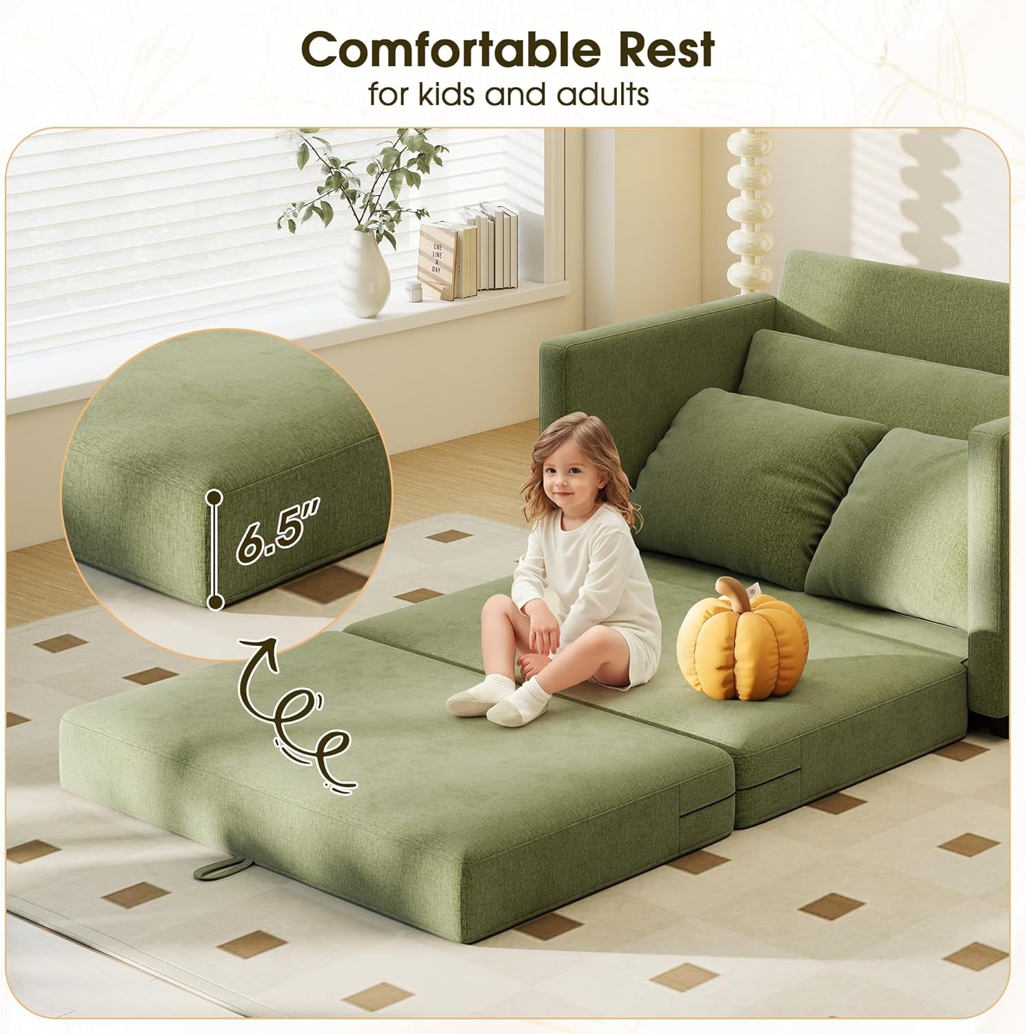 51" Convertible Loveset Sof Bed, 2 In1 Folding Sof Bed, Loveset Sleeper Sof for Smll Spces, Fold Out Floor Couch with 2 Pillows for prtment, Living Room & Guest Room, Green Chenille Fbric