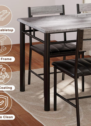 4-Person Wooden Dining Table Set with Upholstered Chairs for Compact Spaces in Grey Finish