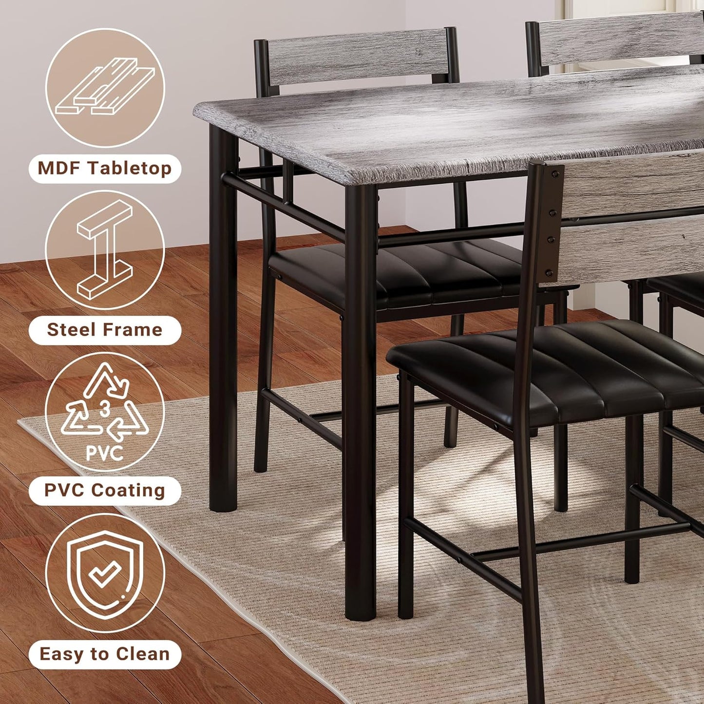 Dining Table Set for 4, Wood Kitchen Table with Upholstered Chairs for Kitchen Room and Small Spaces, Grey