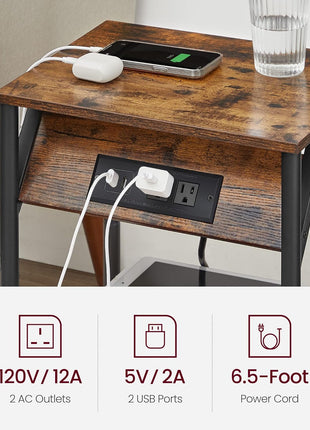 Set of 2 Rustic Brown and Black End Tables with Charging Station, Nightstands Featuring Outlets and USB Ports, Ideal for Living Room and Bedroom with Storage Shelf