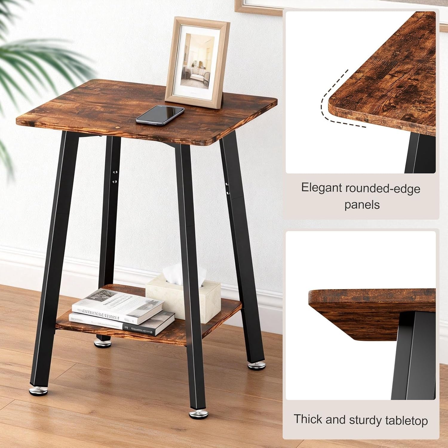 Brown Side Table, 2-Tier Small Square End Table for Small Spaces, Living Room, Bedroom