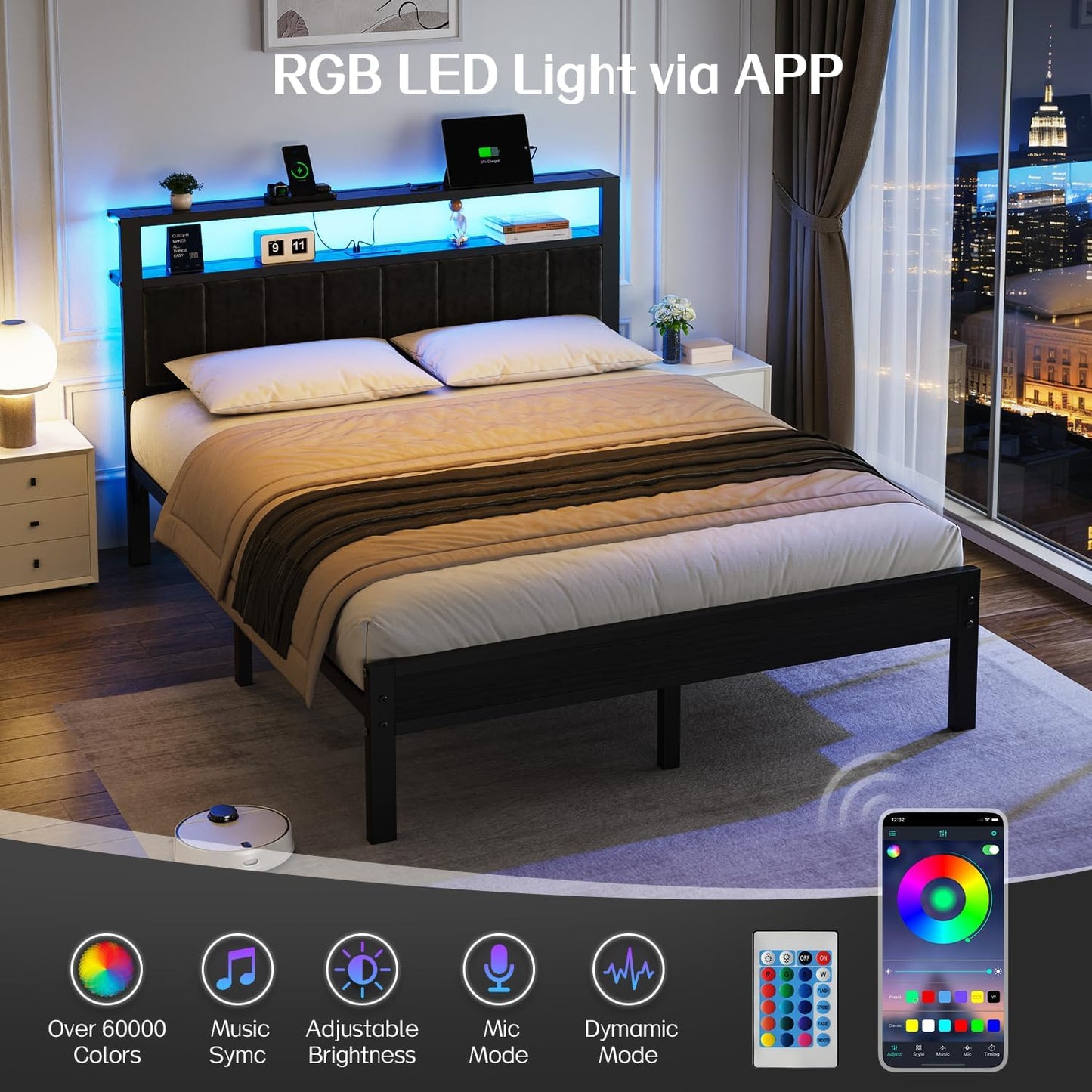 Queen Size Bed Frame with LED Lights & Charging Station, Modern Platform Bed with 2-Tier Storage Headboard, No Box Spring Needed, Noise Free