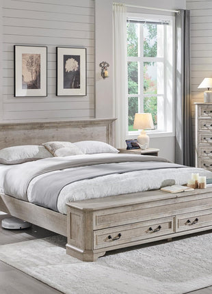 Rustic Wood Farmhouse King Bed with Headboard and Storage Bench, 80" Storage Chest with 4 Large Drawers in Light Rustic Oak