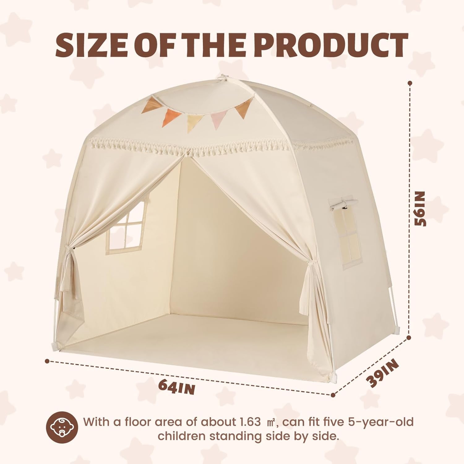 Large Teepee Tent for Kids: with Star Lights & Flags - Tent for Kids Indoor Kids Teepee for Boys & Girls - Playhouse inside Canopy Bed for Playroom Gift Toys (Cream)
