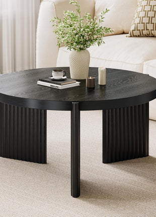 27.5" Mid-Century Modern Round Black Coffee Table with Fluted Wood Design and Ribbed Base, Perfect for Small Spaces and Easy Assembly