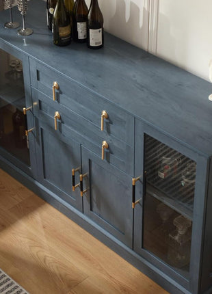 58.27" Contemporary Farmhouse Buffet Cabinet with Dual Drawers, LED Illumination, Adjustable Shelving, and Spacious Glass Door, Blue Finish with Gold Accents
