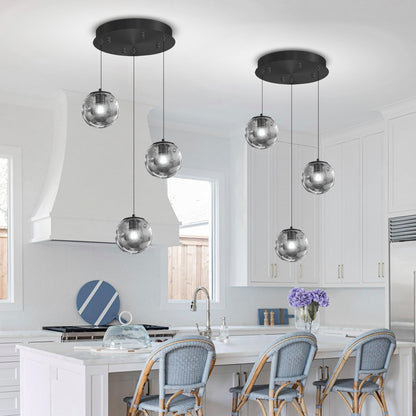 3-Light Black Pendant Light Fixtures Modern Smoke Gray Glass Globe Pendant Lights Kitchen Island Adjustable Hanging Lights Globe Stairwell Lighting Black Chandelier for Dining Room