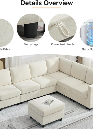 104'' V-Shaped Modular Sectional Sofa with Storage, 7-Seater Modern Cloud Couch and Movable Ottoman in Chenille Beige