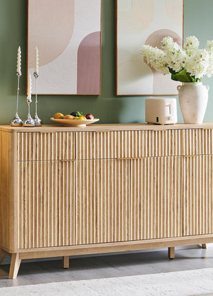 60-Inch Contemporary Fluted Buffet Sideboard Cabinet with Storage, Featuring 3 Drawers and 4 Doors, Ideal for Dining Room, Living Room, and Hallway in Natural Oak Finish