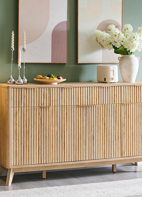 60-Inch Contemporary Fluted Buffet Sideboard Cabinet with Storage, Featuring 3 Drawers and 4 Doors, Ideal for Dining Room, Living Room, and Hallway in Natural Oak Finish