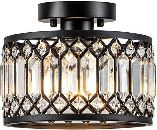 Crystal Ceiling Light, Black Flush Mount Ceiling Light Fixture, Flush Mount Chandelier, Light Fixture for Hallway, Entryway, Bathroom; Laundry Room, Kitchen, 1 Light, 9 Inch (Bulb NOT Included)
