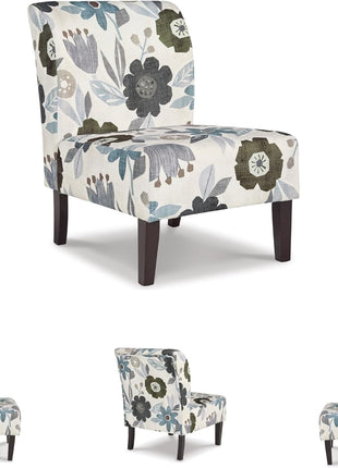 Triptis Floral Armless Accent Chair by Signature Design by Ashley, Fabric Upholstery with Attached Cushions, Wood Legs, 16.63" Seat Height, White, Blue, and Gray