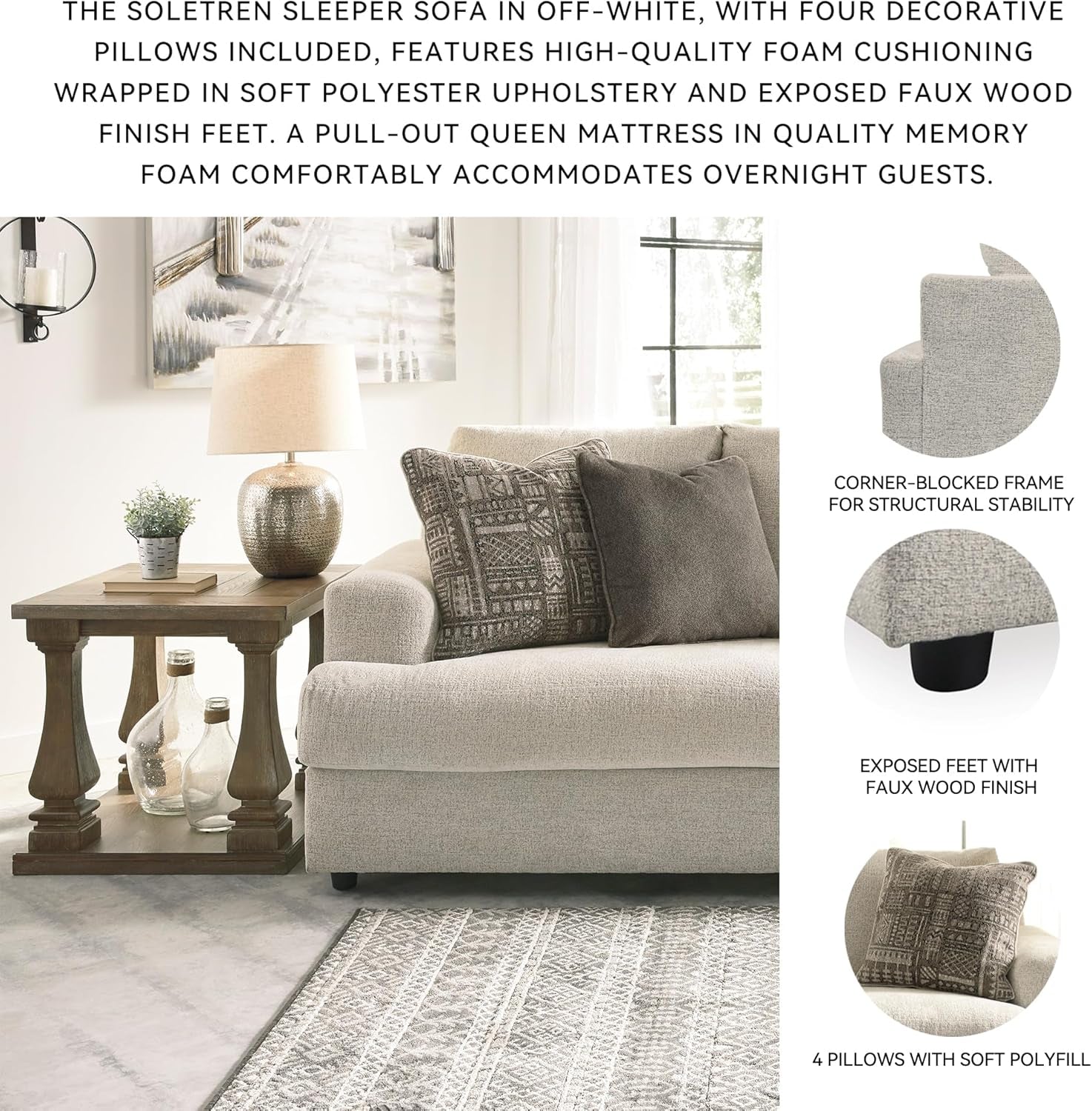 Soletren Contemporary Chenille Queen Sofa Sleeper with 4 Accent Pillows, Off-White