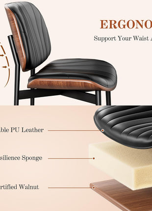 Set of 6 Mid-Century Modern Upholstered PU Leather Dining Chairs with Walnut Bentwood Back and Metal Legs, Featuring Adjustable Feet for Kitchen and Dining Room, Black Shell Strips