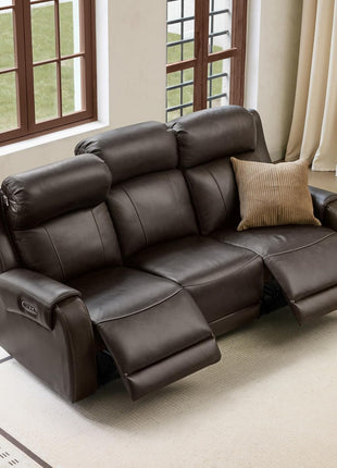 Genuine Leather Power Recliner Sofa with Wall Hugger Design, Dual Motors, USB Charging Ports, Ideal for Living Room and RV, Saddle Leather Finish