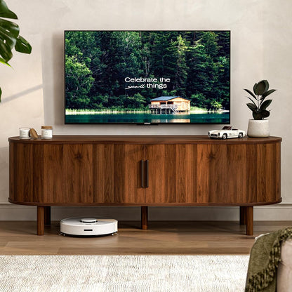 TV Stand for Tvs up to 60 Inch, Entertainment Center with Sliding Doors and Adjustable Shelf, Modern TV Console with Storage for Living Room, Bedroom, Walnut