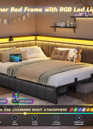 Full Size Corner Bed Frame with Two Storage Drawers and Integrated Charging Station, Upholstered Guardrail, LED Lights, and Gray Finish, Ideal for Teens and Adults