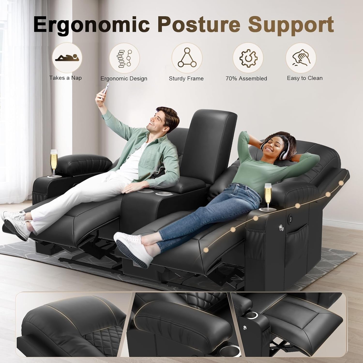 Large Loveseat Recliner, Loveseat Recliner Sofa with Storage Console, Recliner Chair with USB Ports, 2 Cell Phone Holders, Cup Holder, Loveseat Couch for Living Room