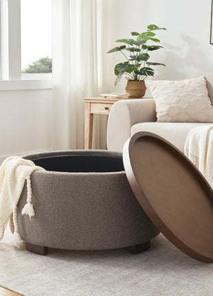 30-Inch Round Storage Ottoman Coffee Table, Modern Boucle Design with Lift-Off Lid and Solid Wood Legs for Living Room, Bedroom, and Apartment Use (Brown)