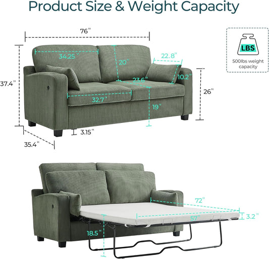 Pull Out Sofa Bed - Convertible Loveseat Sleeper Sofa, Upgraded Bed Frame Pullout Couch - USB Charging & Cup Holders, Corduroy Sofa Bed for Living Room Small Space, Queen Size (Green)
