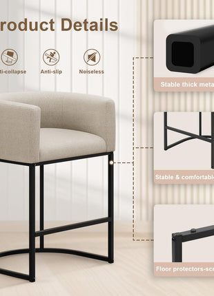 Set of 4 Contemporary 26" Counter Height Bar Stools with Backrest and Armrests, Upholstered in Linen Fabric for Kitchen Island, Supports Up to 450 lbs (Beige)