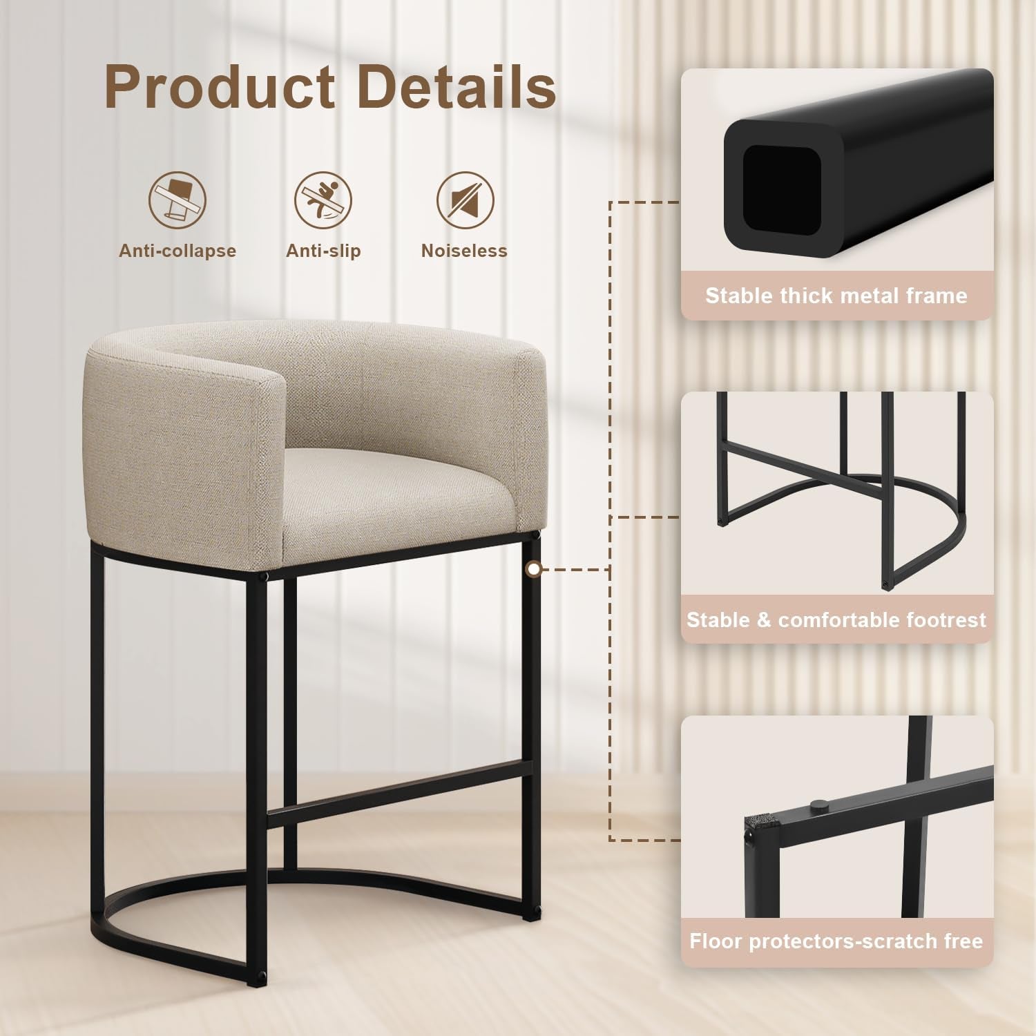 26" H Counter Height Bar Stools Set of 2, Modern Barrel Counter Stools with Backrest and Arms, Linen Fabric Upholstered Accent Barstools for Kitchen Island,Support 450 LBS (Beige)