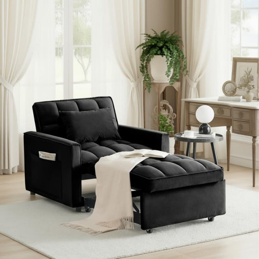 Convertible Sleeper Chair, Pull Out Chair Sleeper with Adjustable Back & Pocket, Chairs Bed Sleepers for Adults, 3 in 1 Sofa Bed Chairs for Small Spaces, Living Room, Black