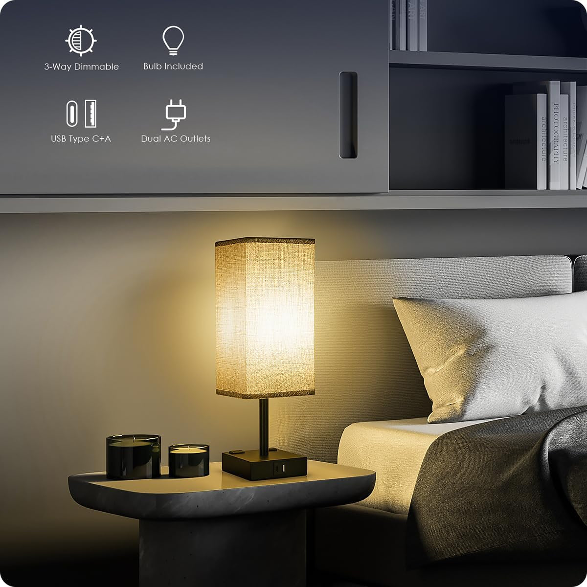 Bedside Table Lamp for Bedroom - Touch Small Lamp with USB C+A Charging Ports & AC Outlets, 3 Way Dimmable Nightstand Light for Living Room (LED Bulb Included, Grey)