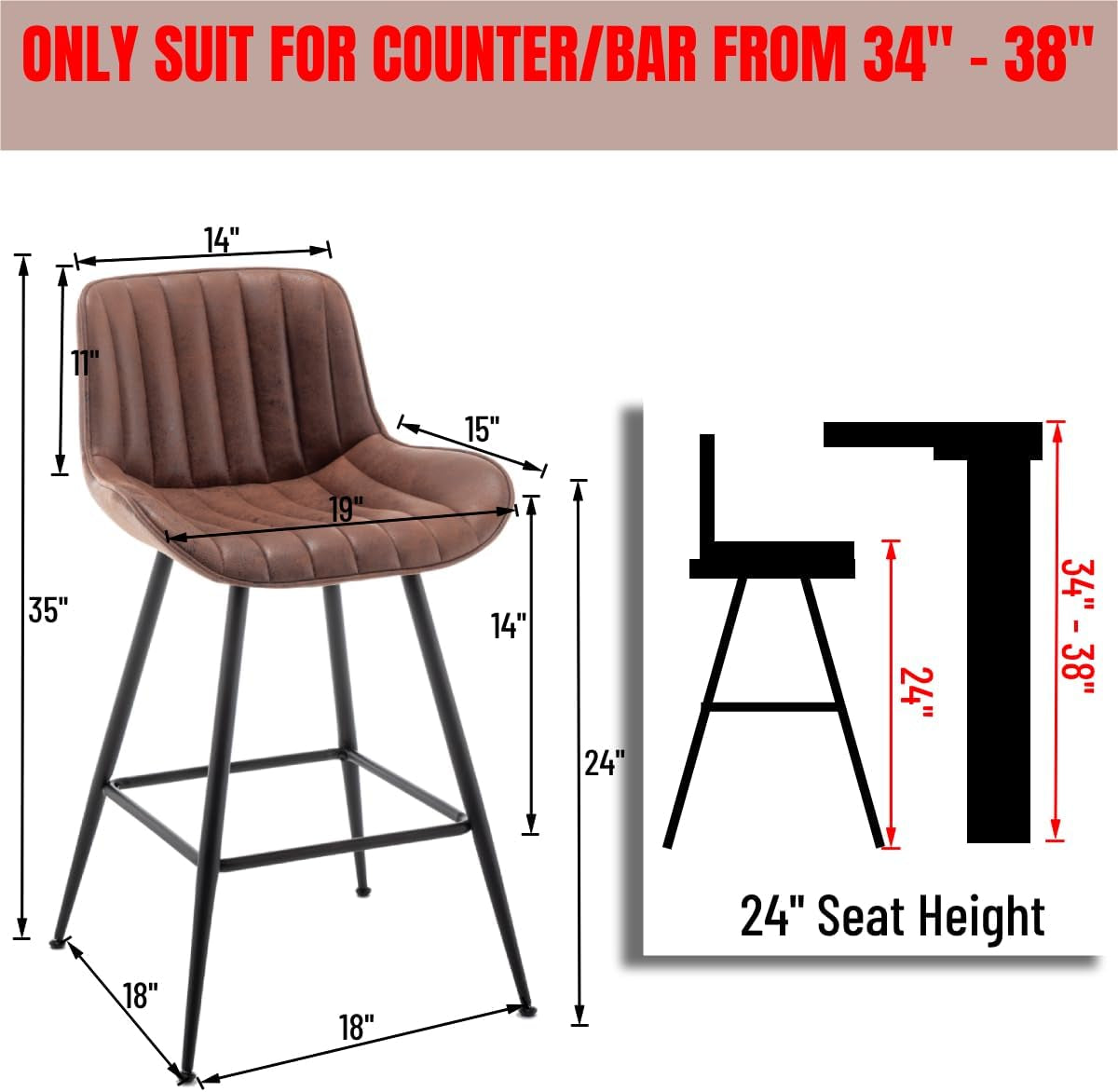 Brown Bar Stools Set of 2, Fabric Upholstered Barstools Armless, 24 in Bar Stool Bar Height, Black and Brown Barstools for Home Bar, Coffee Bar.