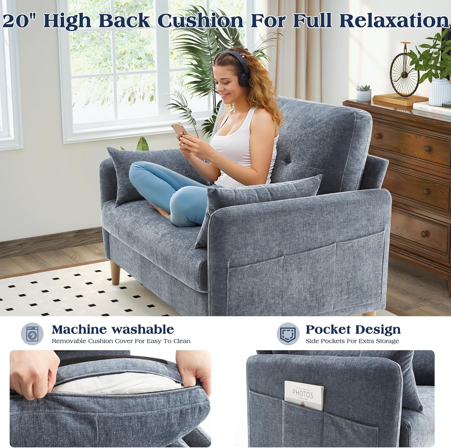 Loveseat Sofa, 47” Small Couch for Living Room, Comfy Chenille Fabric Love Seat for Bedroom with Throw Pillow,Removable Cushion Cover,Couches for Small Space,Apartment,Dorm